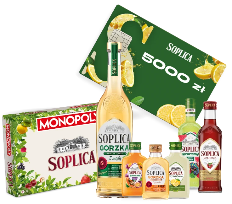 Nagroda I stopnia: karta przedpłacowa Soplica 5000 zł, gra planszowa Monopoly Soplica i zestaw produktów Soplica