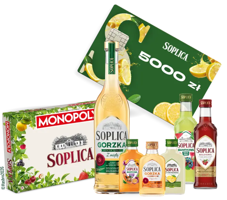 Nagroda I stopnia: karta przedpłacowa Soplica 5000 zł, gra planszowa Monopoly Soplica i zestaw produktów Soplica