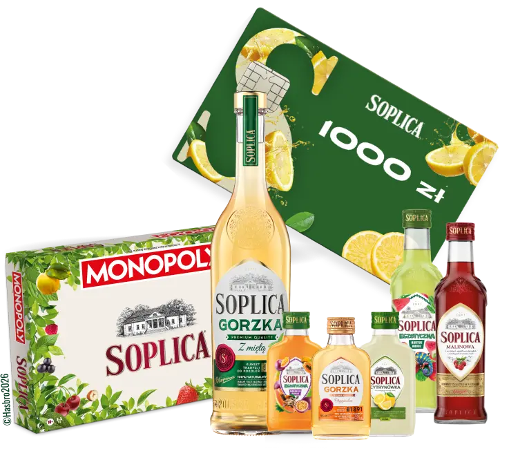 Nagroda II stopnia: karta przedpłacowa Soplica 1000 zł, gra planszowa Monopoly Soplica i zestaw produktów Soplica